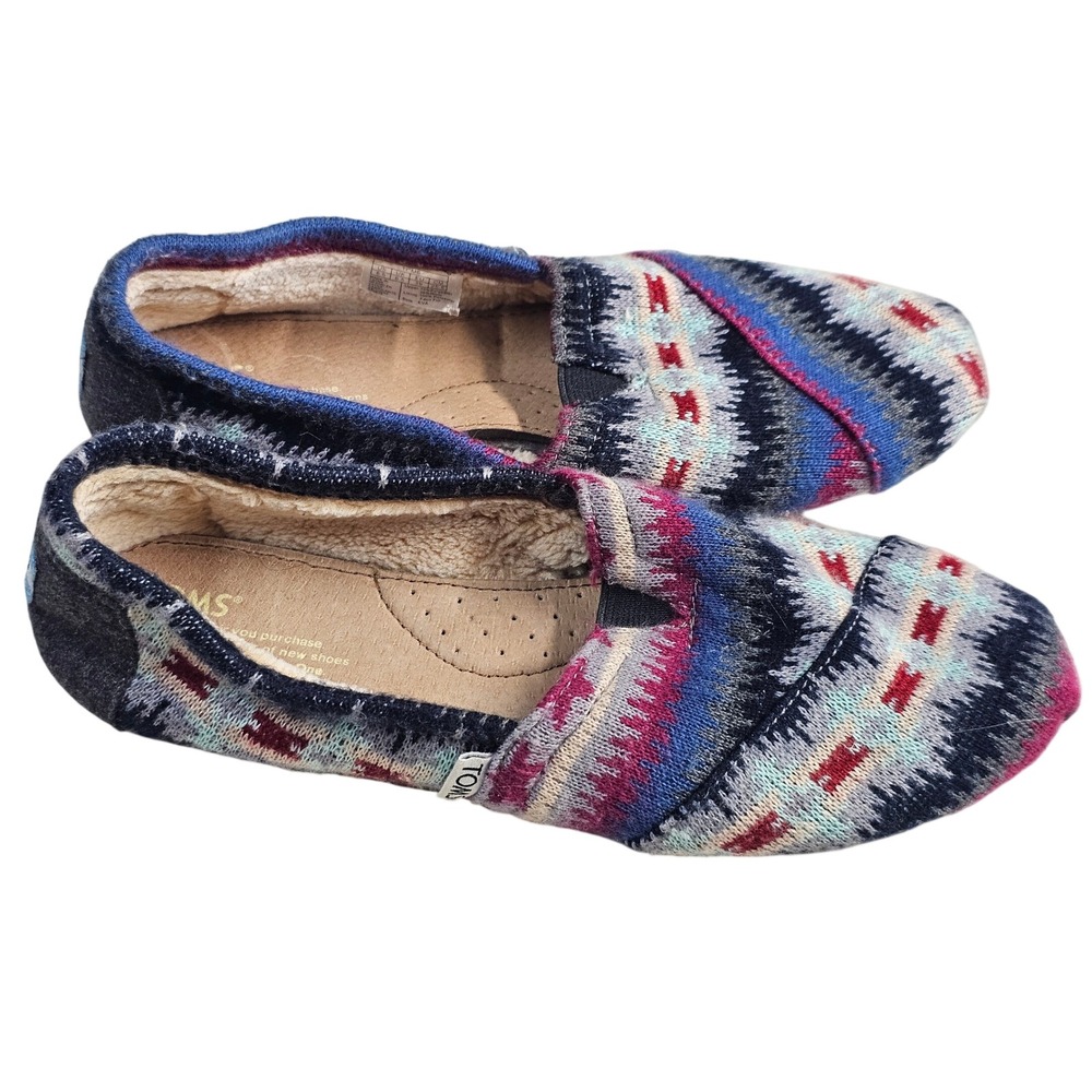 TOMS Womens 8.5 Alpargata Fair Isle Knit Faux Fur Lined Slip On Shoes Multicolor